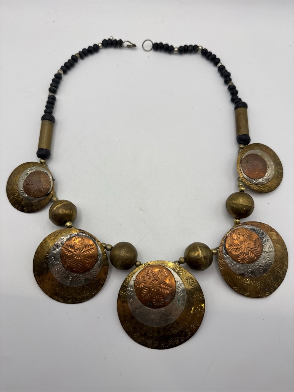 VINTAGE BOHO 23” Brass, Copper, Silver Tone Disc Wooden Bead Statement Necklace